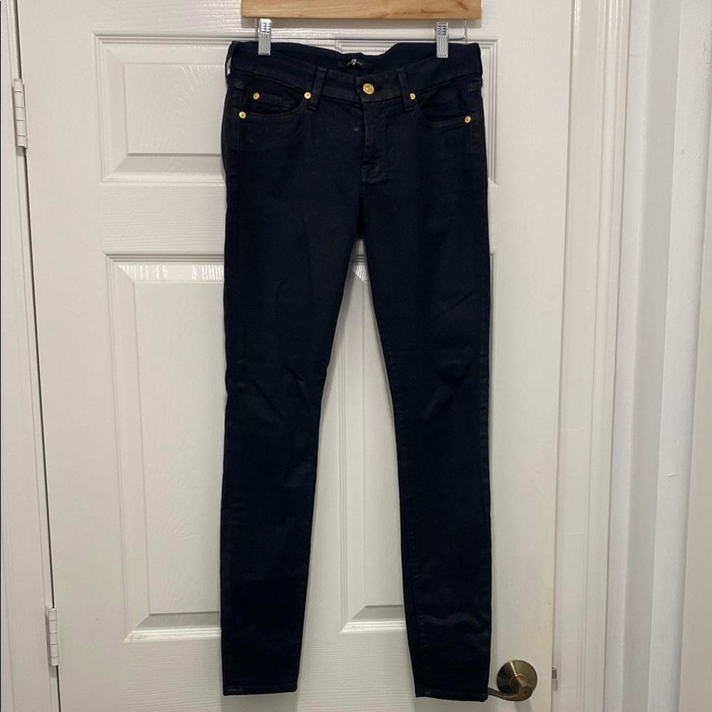 NWOT 7 for all mankind black shimmer coated skinny Jean with Gold Accents. 28